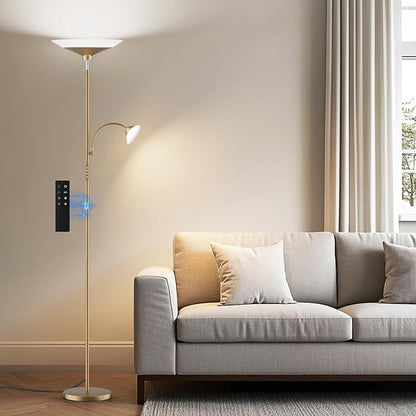 Gold Torchiere Floor Lamp - 2 Way LED Standing Lamp with Reading Light, Dimmable 72'' Tall Lamp with Remote Color Changing, 34W Mordern Uplighter for Living Room Bedroom Office