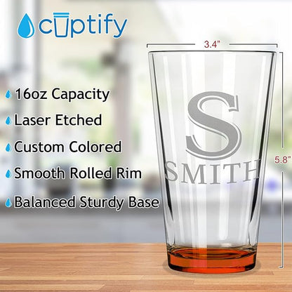 Personalized Beer Glasses Set of 8 Engraved Orange 16oz Pint Glasses for Men & Women, Custom Drinking Gift for Birthdays, Weddings, Father’s Day & More