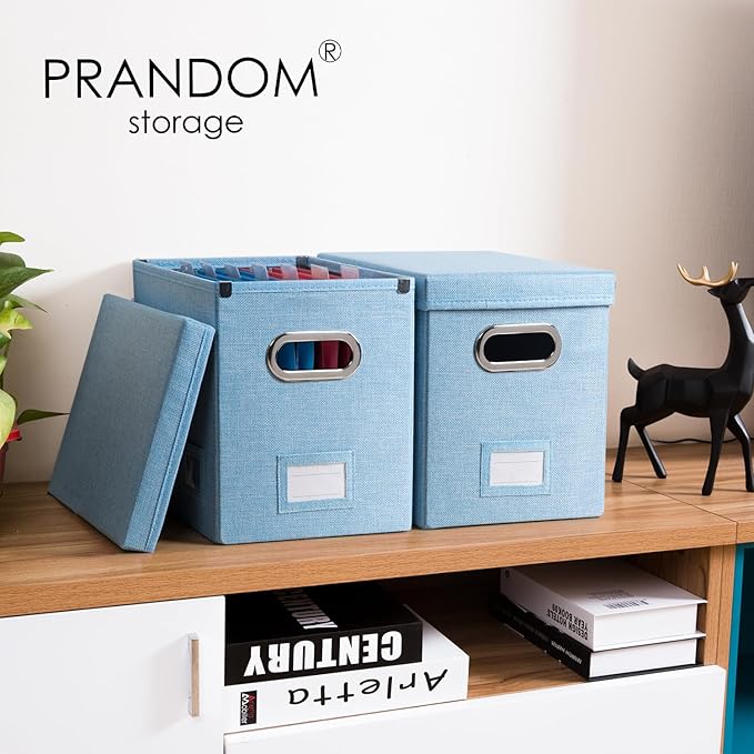 PRANDOM File Organizer Box - Set of 2 Collapsible Decorative Linen Filing Storage Hanging File Folders with Lids Office Cabinet Letter Size Blue (14x9.3x10.8 inch)