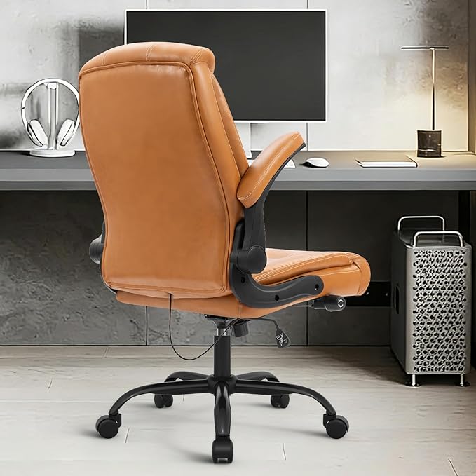 YAMASORO Executive Office Chair,Big and Tall Ergonomic Desk Chair with Adjustable Lumbar Support,Breathable PU Leather Computer Chair wih Flip-up Arms and Wheels, Camel