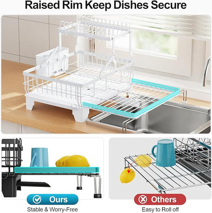 GSlife Large Dish Drying Rack 2 Tier, Expandable Kitchen Dish Drainer for Pots and Pans, 360° Swivel Spout, Rust-Resistant Metal Dish Rack with Utensil & Cup Holder, 16.9" W x 14.4"-22.4" L, White