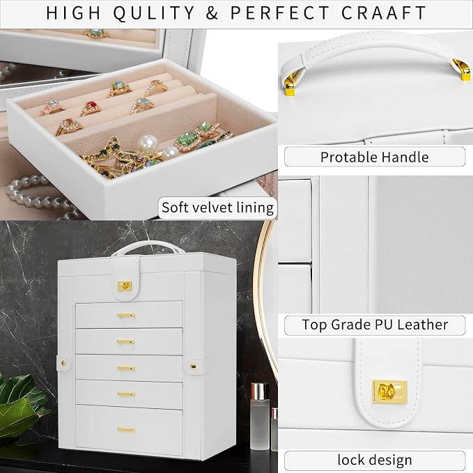 AKOZLIN 6-Tier Jewelry Box Organizer Functional 5 Drawers Leather Jewelry Storage Case for Women Girls Ring Necklace Earring Bracelet Holder Organizer with Mirror White Large