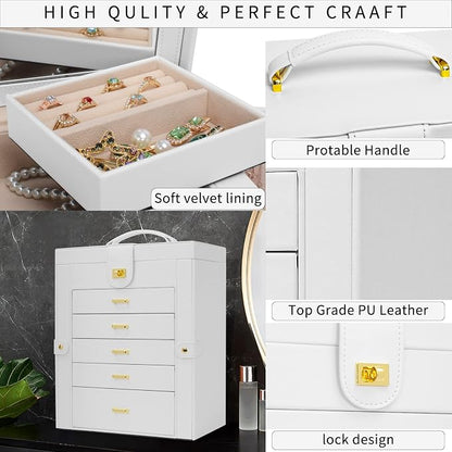 AKOZLIN 6-Tier Jewelry Box Organizer Functional 5 Drawers Leather Jewelry Storage Case for Women Girls Ring Necklace Earring Bracelet Holder Organizer with Mirror White Large