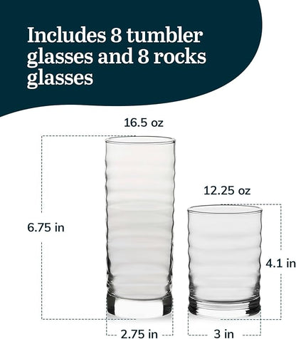 Libbey Pueblo Tumblers and Rocks Glass Cups Set, Wavy and Groovy Drinking Glasses Set of 16, Dishwasher Safe Modern Glassware for Everyday Use