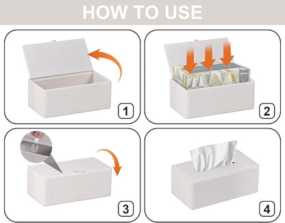 GOLRANLYE Tissue Box Cover Rectangular 9.8"(L) x 5.3"(W) x 4.3"(H) Refined Modern PU Leather Facial Tissue Dispenser Box Holder for Dresser Bathroom Decorative (Linen Beige)