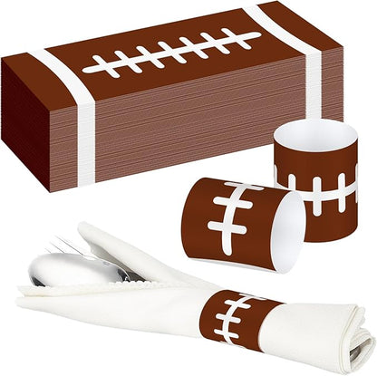 300 Pcs Football Paper Napkin Rings Bulk Disposable Sports Napkin Holder Self Adhesive Brown Silverware Wrap Band for Game Day Birthday Holiday Party Table Setting Decoration