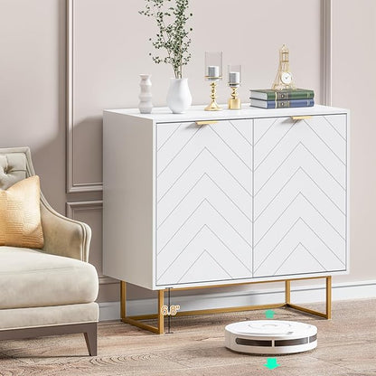 Scurrty Sideboard Buffet, Storage Cabinet with Golden Legs, White Sideboard Storage Cabinet with 2 Doors and Adjustable Shelf, Accent Cabinet for Living Room, Kitchen
