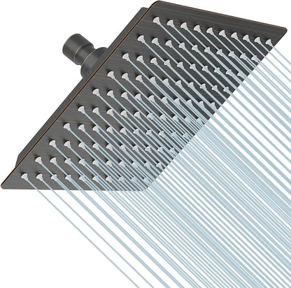 BESy 8 Inch Rain Shower Head, 8" Square Rainfall & High Pressure Stainless Steel Bath Showerhead, 1/16" Ultra Thin, Waterfall Full Body Coverage with Silicone Nozzle, Oil Rubbed Bronze Finish