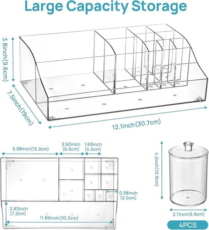 Vtopmart 5 PCS Bathroom Countertop Organizer, 1 Divided Tray with 4 Qtip Holder Jars, Restroom Clear Organizers for Toothbrush, Cotton Pads Balls, Floss, Bathroom Vanity Accessories Storage Set