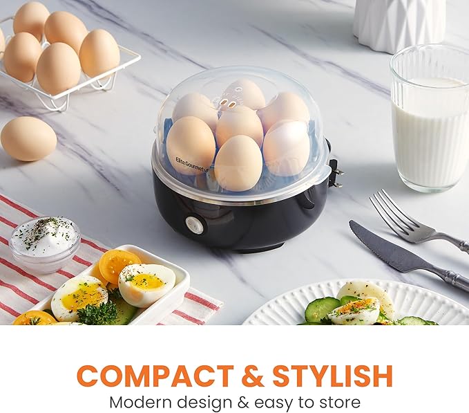Elite Gourmet EGC115B Easy Egg Cooker Electric 7-Egg Capacity, Soft, Medium, Hard-Boiled Egg Cooker with Auto Shut-Off, Measuring Cup Included, BPA Free, Classic Black