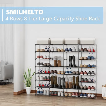 SMILHELTD Large Shoe Rack 4 Row 8 Tier for Entryway Holds 64 Pairs, Metal & Plastic Sneaker Shelves, DIY Assembly, Space Saving Storage Organizer for Garage Closet, 66.1" W x 49.2" H