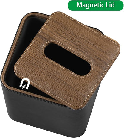 Cretkhp Tissue Box Cover Square, Modern PU Leather Tissue Holder with Magnetic Closure for Bathroom NightStands, Decorative Square Tissue Box Holder (Black)