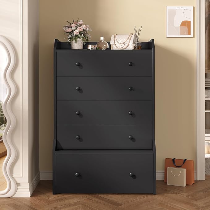 ADORNEVE 5 Drawer Dresser for Bedroom,Tall Black Chest of Drawers,Large Modern Vertical Dresser for Living Room,Hallway, Closet
