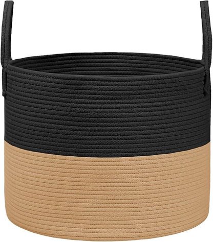 JMvicyroam 115L Extra Large Blanket Basket for Living Room - Woven Cotton Rope Laundry Hamper with Reinforced Handles - Storage Bin for Pillows, Comforters & Toys - Machine Washable,Black&Jute