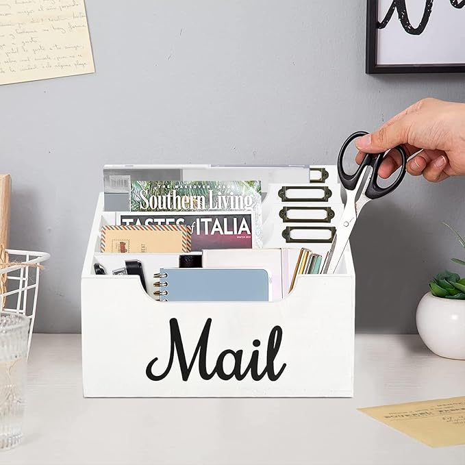 Rustic Wood Mail Organizer Countertop with 4 Slots, Black Mail Holder for Desk, Removable Dividers Mail Sorter, Letter Bill File Organizer for Home Office Classroom, Desktop Organizer with Free Labels