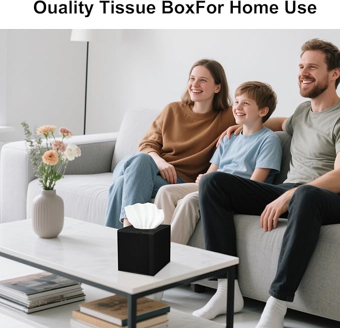 Black Square PU Leather Tissue Box Cover with Magnetic Bottom – Stylish Cube Holder for Napkins, Decorative for Bathroom, Living Room, Office, Car, Nightstand