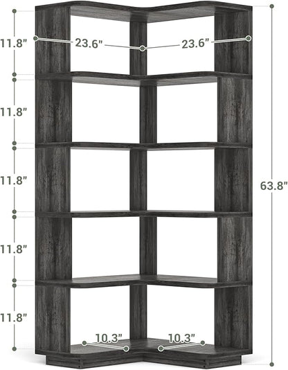 Armocity Corner Book Shelf - 6 Tier Corner Bookshelf Etagere Bookcase with Baffle, Freestanding L Shaped Display Shelf Stand for Home Office, Living Room, Bedroom, Kitchen, Grey Oak
