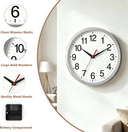 Rohioue 14 Inch Wall Clock Modern Battery Operated Silent Non Ticking Analog Clock Decorative for Bedroom Kitchen Bathroom Office Home Living Room (Silver)