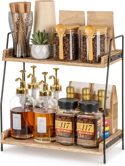 ANBOXIT Countertop Coffee Station Organizer, 2 Tier Wooden Shelf for Coffee Bar Accessories, Condiment Storage Caddy for Kitchen, Home, Office - Brown