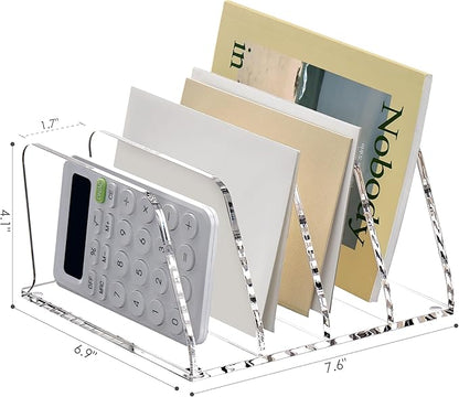 SANRUI Acrylic Desk File Sorter Organizer Holder, 4-Section Clear Vertical Letter File Folder Rack, Notebook Magazine Desktop Binder Mails Storage Bookshelf Upright Divider for Home Office School