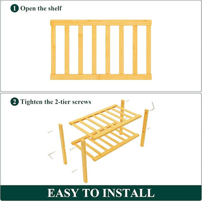 Smiry Small Bamboo Shoe Rack, 2 Tier Free Standing Wooden Shoe Organizer, Stackable Wood Shoe Storage Shelf for Closet, Entryway, 12 Vertical Slats, One-piece Standard Legs, 17.3"x11"x13", Natural