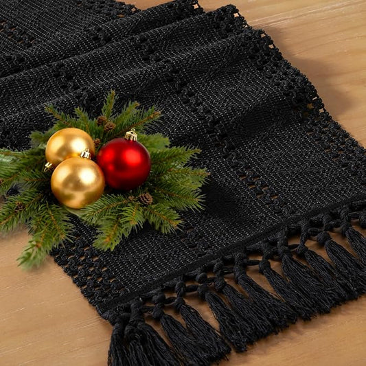 Socomi Boho Table Runner Valentine's Day Farmhouse Rustic Dining Kitchen Centerpiece Decor Small Macrame Woven Cotton Linen Coffee Table Runner for Dresser Scarf Home Decor 12x48 inch Black