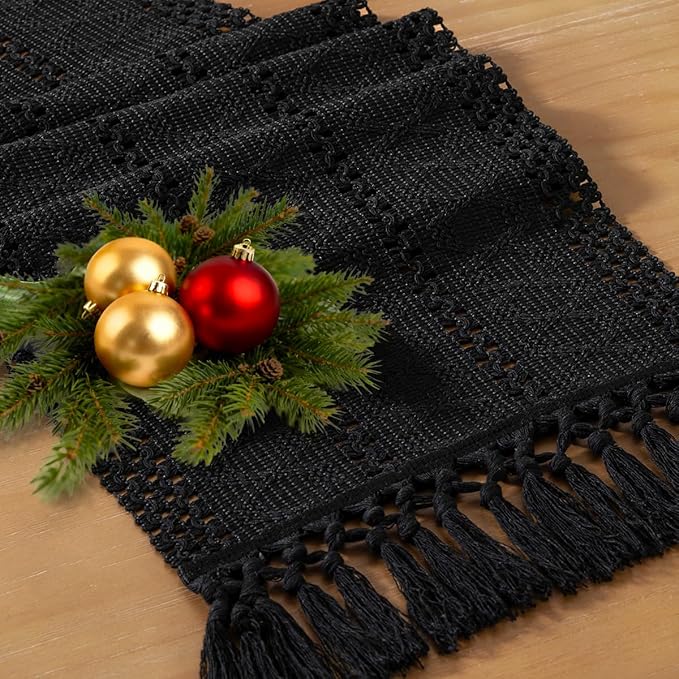Socomi Boho Table Runner Macrame Valentine's Day Farmhouse Woven Cotton Linen Rustic Coffee Table Runner with Tassels for Small Dresser Scarf Home Decor Dining Room 12x72 inch Black