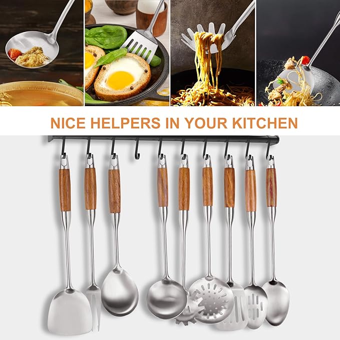 9 PCS 304 Stainless Steel Kitchen Cooking Utensils set with Wooden Handle, Metal Kitchen Utensils Set, Large Heat Resistant Wooden Handle Kitchen Tools, Stainless Steel Wok Spatula