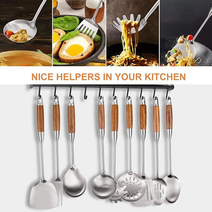 9 PCS 304 Stainless Steel Kitchen Cooking Utensils set with Wooden Handle, Metal Kitchen Utensils Set, Large Heat Resistant Wooden Handle Kitchen Tools, Stainless Steel Wok Spatula