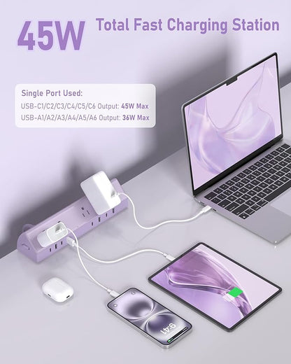 Jgstkcity Desk Clamp Power Strip,45W Fast Charging Station,4 USB-C,4 USB-A,1200J Surge Protector,ETL Listed,1875W Extension Cord,Multiple Outlets for Home, Office (Purple, 10 FT Cable)