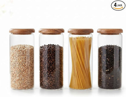 4-Pack 32 fl oz Wide Mouth Mason Jars with Spoon & Labels, Acacia Wood Lids, Press Seal, No Plastic, for Food, Snacks, Fruits, Coffee Beans, Spices & Dry Storage, Pantry Organizer.
