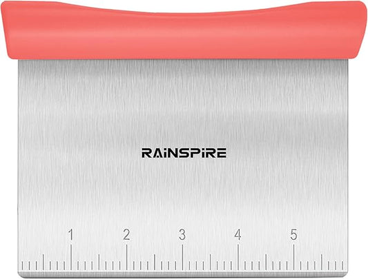 Upgraded 304 Stainless Steel Multi-Purpose Bench Scraper with Measurement Marks, Dishwasher Safe, Dough Cutter for Pizza, Bread and Cookie Dough Vegetable Chopper, Baking Supplies (Coral)