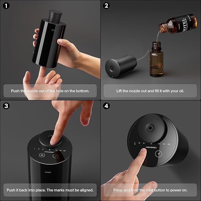 Airversa Waterless Essential Oil Diffuser Starter Kit with 4 x 10mL Hotel Scent Fragrance Oil, Battery Operated Mini Scent Air Machine Portable Diffuser for Home Car Office, AN6Kit-04 White