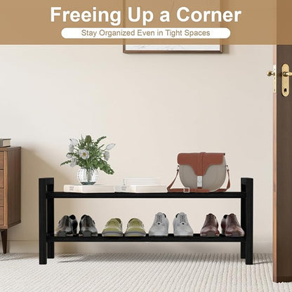 Haddockway Bamboo Shoe Rack for Closet, Free Standing Shoe Organizer with Smooth Round Rods & Convenient Handles, Stackable Shoe Storage Shelf for Entryway, Hallway(Black, 2-Tier)