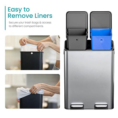 Home Zone Living 16 Gallon Kitchen Trash Can with Dual Compartments for Recycling, Stainless Steel, Silver, 60 Liters Total