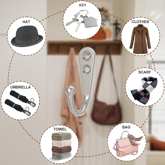 POZEAN 40 Pack Wall Hooks - Silver Coat and Towel Hooks with 80 Screws, for Hanging Coats, Scarves, Bags, Towels, Keys, Caps, Cups, Hats and More