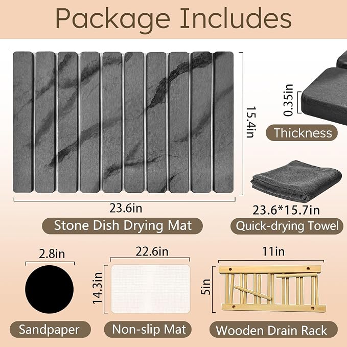 Large Stone Dish Drying Mat for Kitchen Counter, Collapsible Marbled Quick-Dry Diatomaceous Earth Mat with Dish Rack and Towel, Versatile Drying Mats for Kitchen Utensils (Dark Gray 23.6"×15.4")
