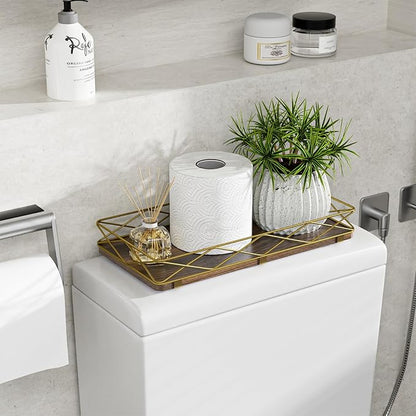 Toilet Paper Basket Holder, 13" Bathroom Tray Countertop, Wood and Metal Toilet Tank Tray Bathroom Vanity Organizer for Toiletry, Kitchen Sink Organizer for Soap Dispenser (Brown+Gold)