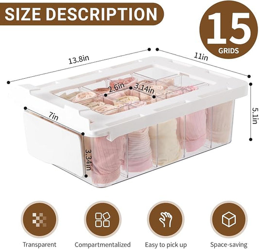 Pull Out Sock Organizer for Closet, 15 Cells Detachable Underwear Drawer Organizer with Slide Rail, Clear Women Drawer Storage for Underwear, Socks, Ties, Belts, Scarf