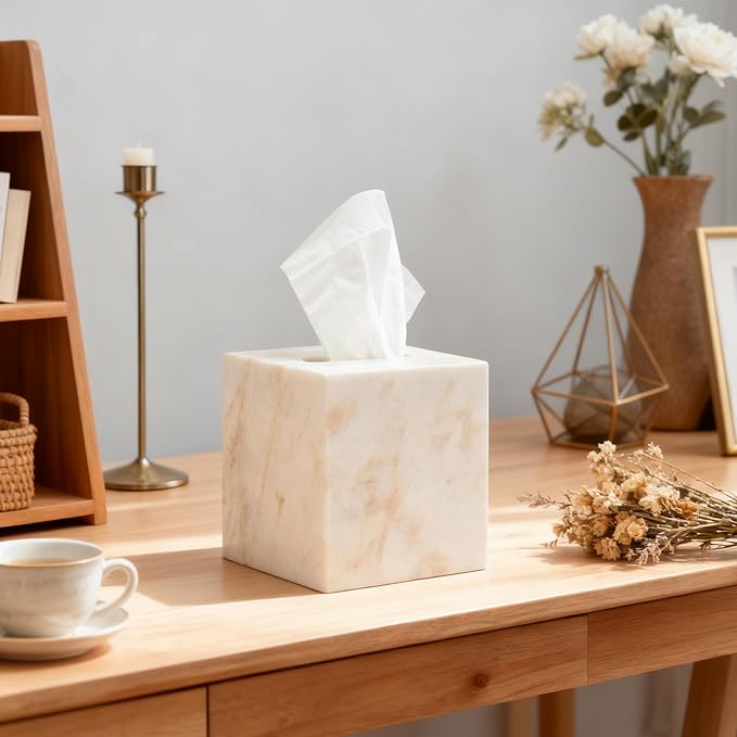 Marble Tissue Box Cover for Bathroom, White with Gold Texture Marble Facial Tissue Holder, Rectangular Toilet Paper Holder Case, Elegant Home Decorative for Vanity, Bedroom, Living Room, Office