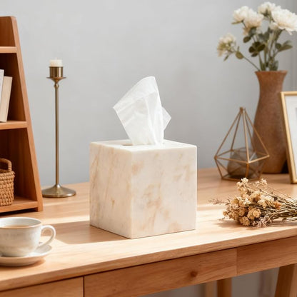 Marble Tissue Box Cover for Bathroom, White with Gold Texture Marble Facial Tissue Holder, Rectangular Toilet Paper Holder Case, Elegant Home Decorative for Vanity, Bedroom, Living Room, Office