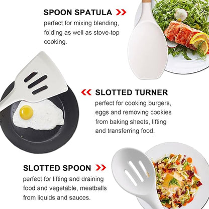 IOCBYHZ Silicone Kitchen Utensils Set of 5, Cooking Utensil Set with Heat Resistant Wooden Handle Non-Stick Silicone Spatula Spoon Turner Ladle, BPA FREE Cooking Kitchen Gadgets for Cookware & Baking