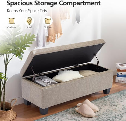 Faux Leather Ottoman with Storage, 41" Storage Bench Foot Rest with Legs, Ottoman Bench Sturdy Wood Frame Supports 660 lbs for Bedroom, Living Room, Entryway, Grey