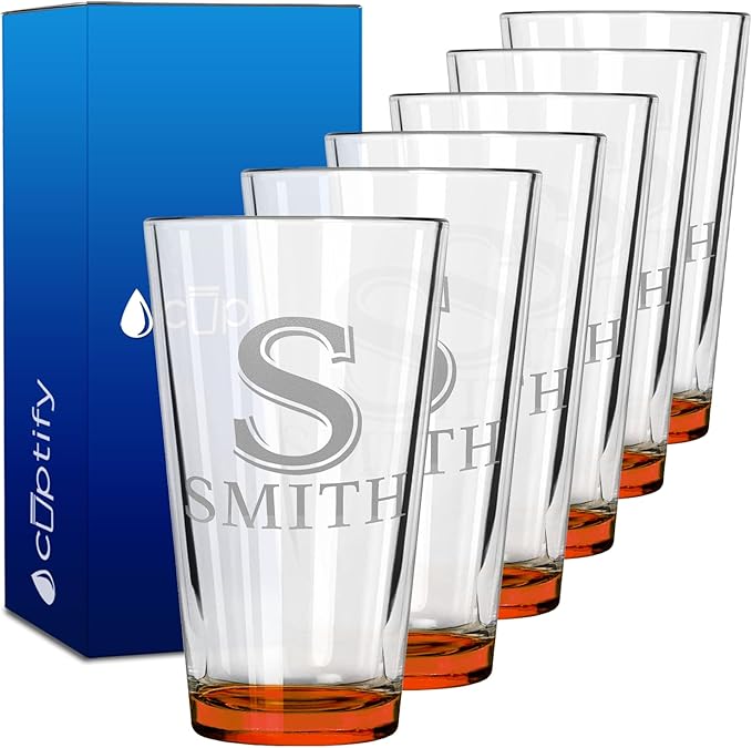 Personalized Beer Glasses Set of 6 Engraved Orange 16oz Pint Glasses for Men & Women, Custom Drinking Gift for Birthdays, Weddings, Father’s Day & More