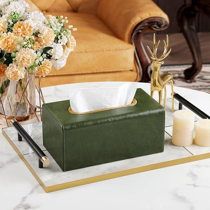 Rectangle Tissue Box Cover for 120-160 Count Box of Tissues, Luxury PU Leather Tissue Holder with Magnetic Closure (Dark Green)