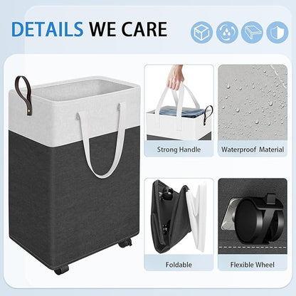 HomeHacks Laundry Basket with Wheels, Rolling Laundry Hamper, Collapsible & Waterproof Clothes Hamper, Narrow Corner Bins with Extended Handles in the Family & Dorm 90L(Grey)