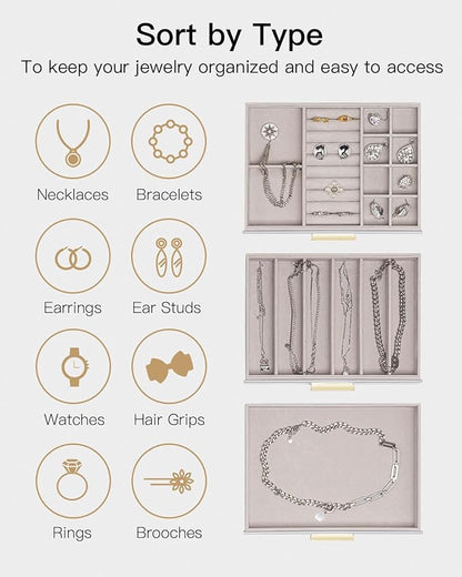 Vlando Jewelry Box for Women, Glass Lid Jewelry Organizer with 3 Drawers for Necklaces Rings Earrings Bracelets - Grey