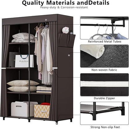 SORCEDAS Portable Closet Wardrobe Organizer Storage with Cover Non-Woben Fabric Portable Wardrobe Closet for Hanging Clothes Racks Shelving 33 Inch for Bedroom, Blue (Coffee, 33Inch)