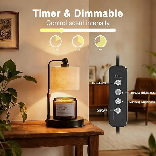 Candle Warmer lamp for 3 Wick Candles, Large Candle Warmer Lamp with Timer, Dimmable, Adjustable Height, Modern Farmhouse Linen Shade, Black Candle Warming Lamp, 2 Bulbs Included