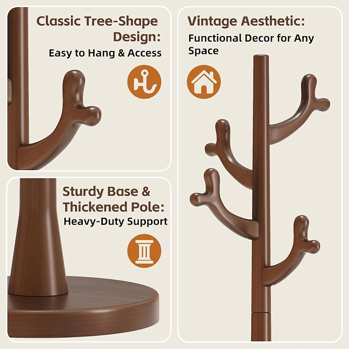 Uniclinens Coat Rack Freestanding Solid Wood Coat Tree Standing with 4 Hooks, Coat Rack Stand Creative Tree Branch-look (Walnut)